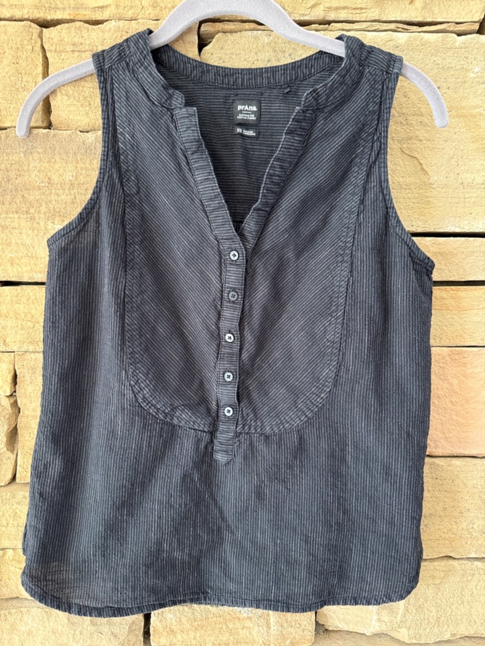 Prana Sleeveless Katya Tank Button-Front Camisole in Charcoal Gray Pin Stripe